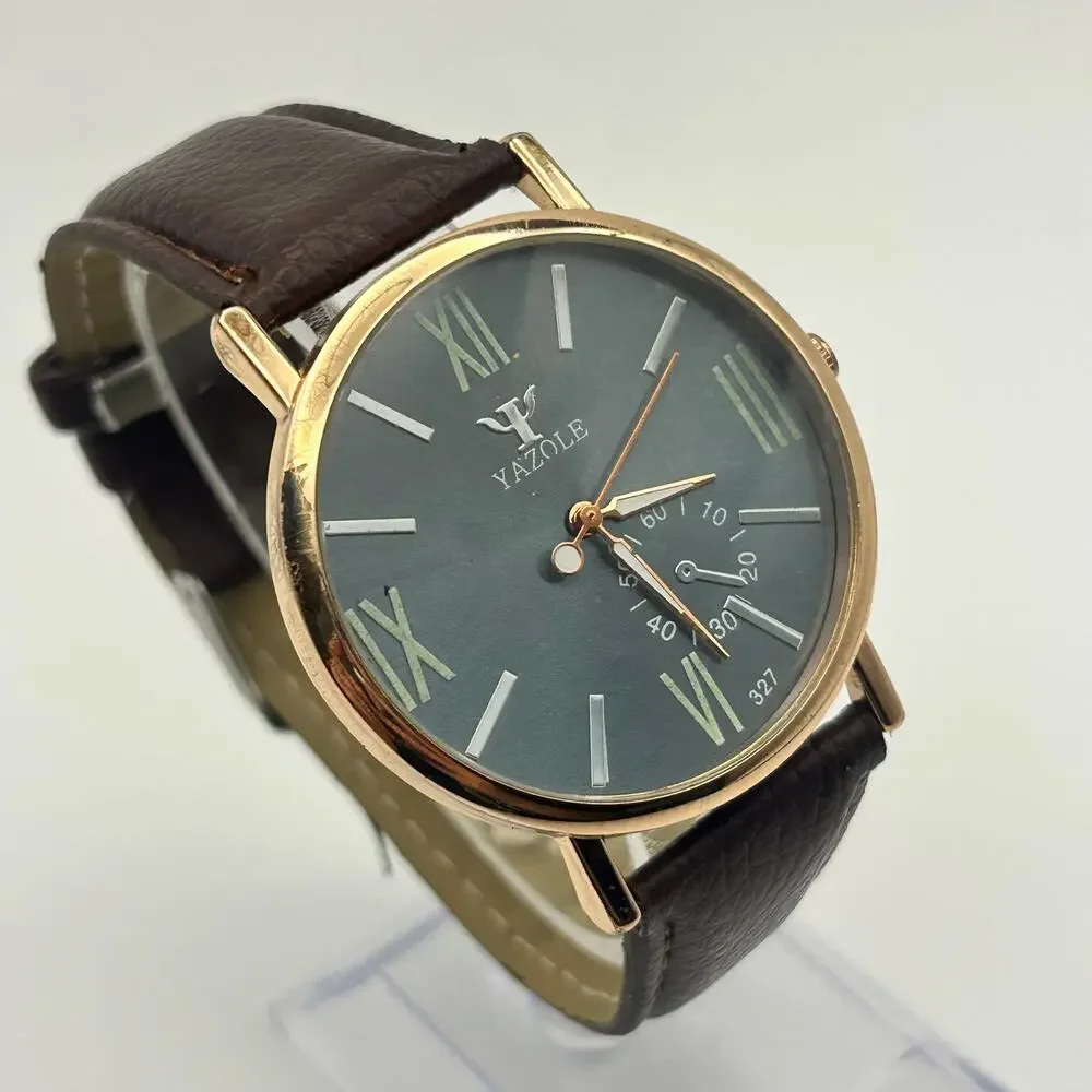 Yazole Roman Numeral Brown Leather Watch Working New Battery